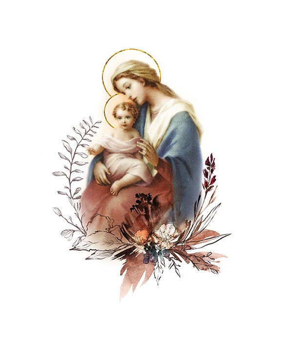 Blessed Virgin Mary with Child Jesus Printable Catholic Illustration Art Image, Marian Devotion Wall Art Print by BenedictaBoutique