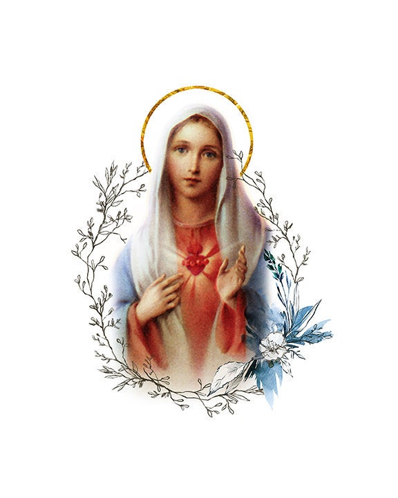 Immaculate Heart of Mary Printable Catholic Image, Blessed Virgin Mary Illustration Art, Marian Devotion Wall Art by BenedictaBoutique
