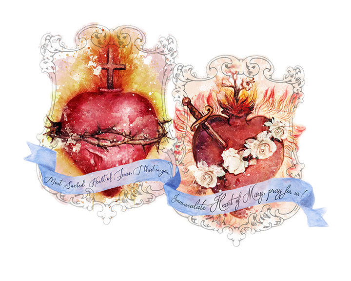 Most Sacred Heart of Jesus & the Immaculate Heart of Mary United Printable Image, Catholic Devotional Illustration Art by BenedictaBoutique