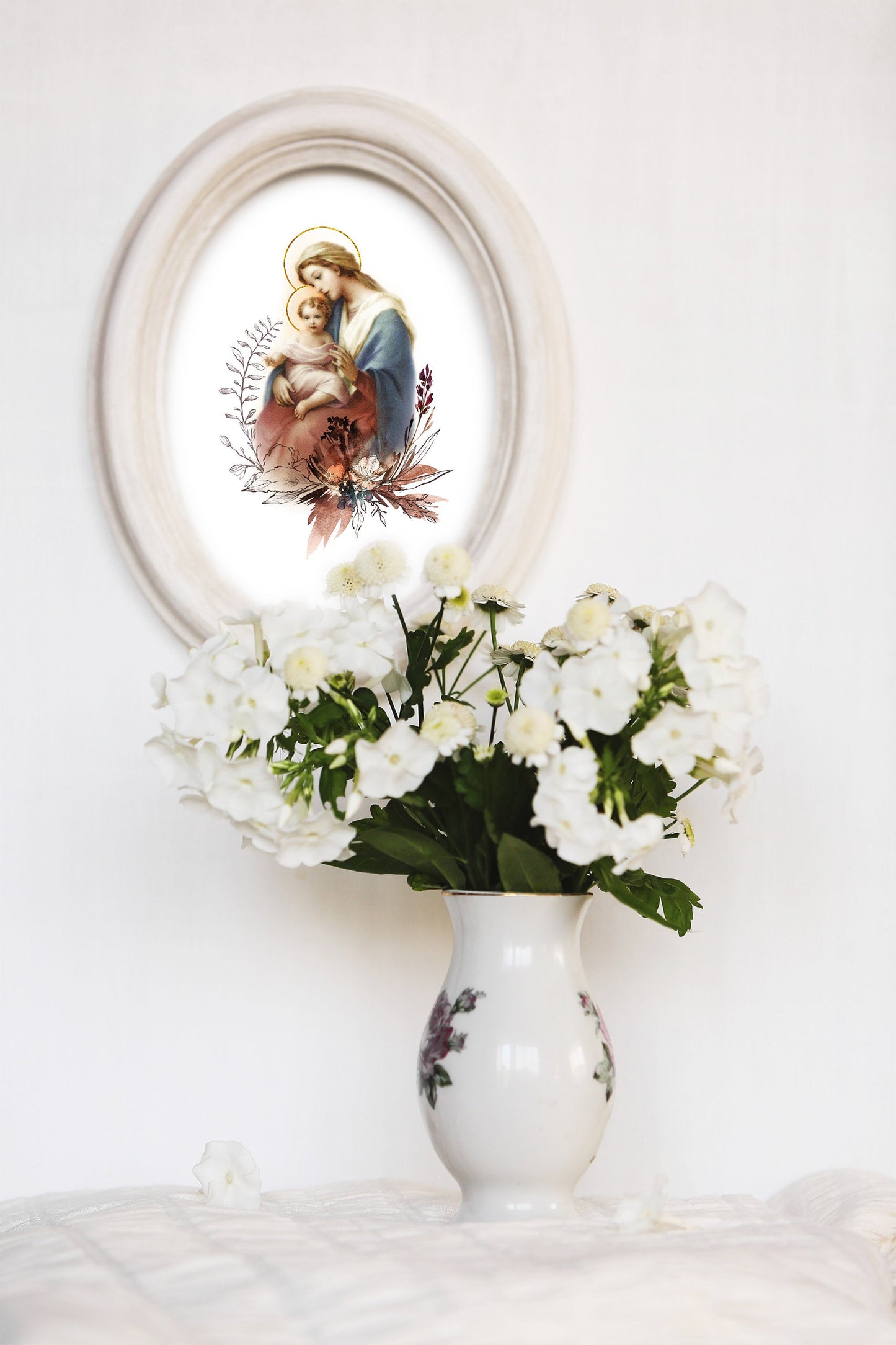 Blessed Virgin Mary with Child Jesus Printable Catholic Illustration Art Image, Marian Devotion Wall Art Print by BenedictaBoutique