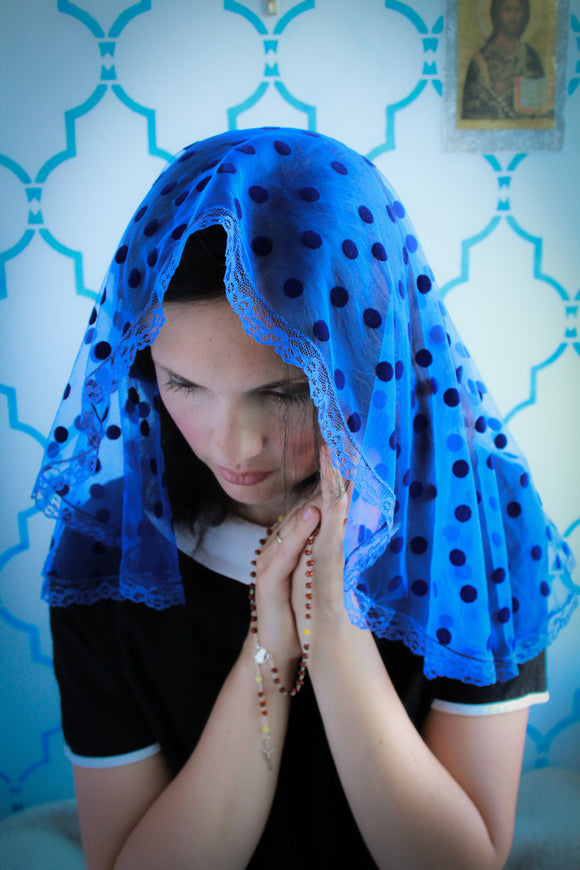 blue mantilla, mantilla veil, chapel mantilla veil