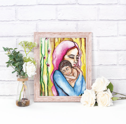 Blessed Virgin and Baby Jesus Printable Illustration, Devotional Catholic Wall Art - benedictaveils