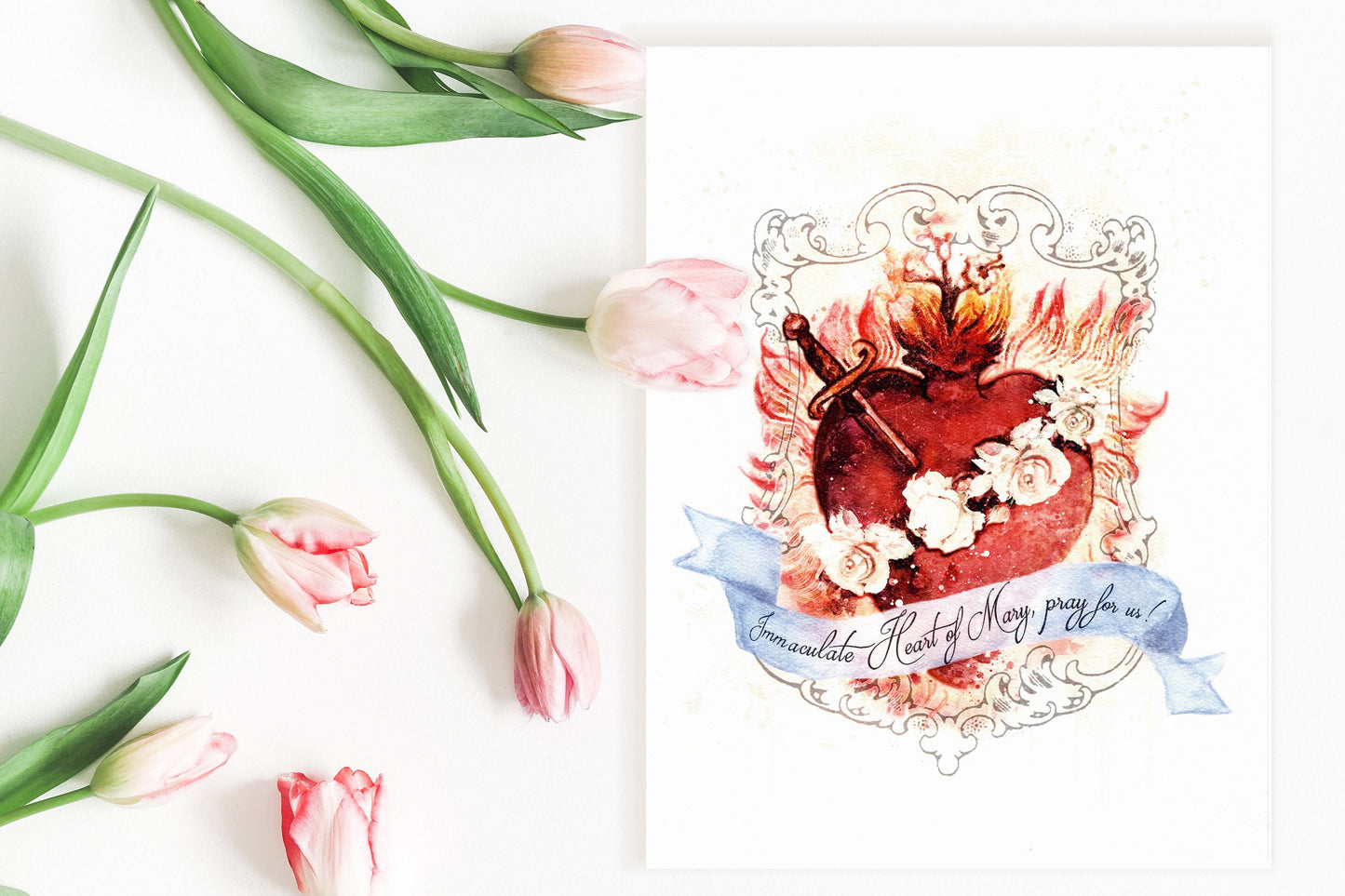 Immaculate Heart of Mary Art Print, Devotional Catholic Marian Wall Art by BenedictaBoutique - benedictaveils