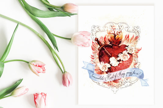 Immaculate Heart of Mary Art Print, Devotional Catholic Marian Wall Art by BenedictaBoutique - benedictaveils