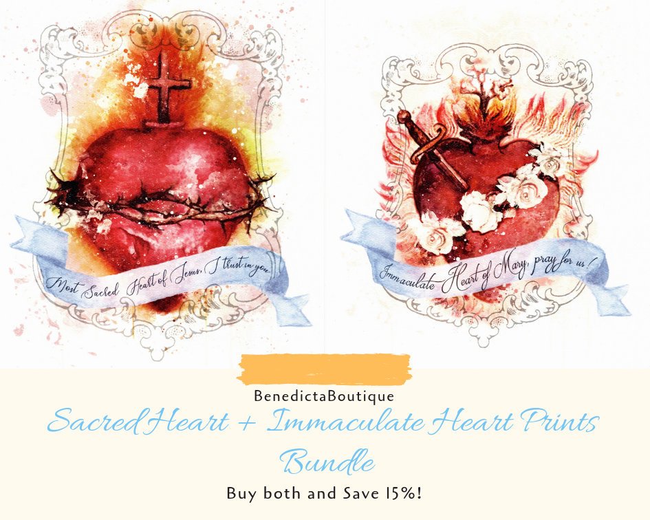 Most Sacred Heart of Jesus + Immaculate Heart of Mary Art Prints Bundle by BenedictaBoutique - benedictaveils