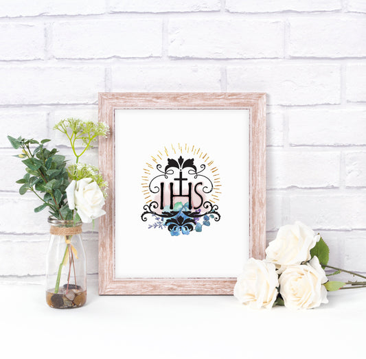 IHS Printable Image, Jesus Saviour of Men Christogram, Catholic Illustration Art, Devotional Wall Art Print by BenedictaBoutique