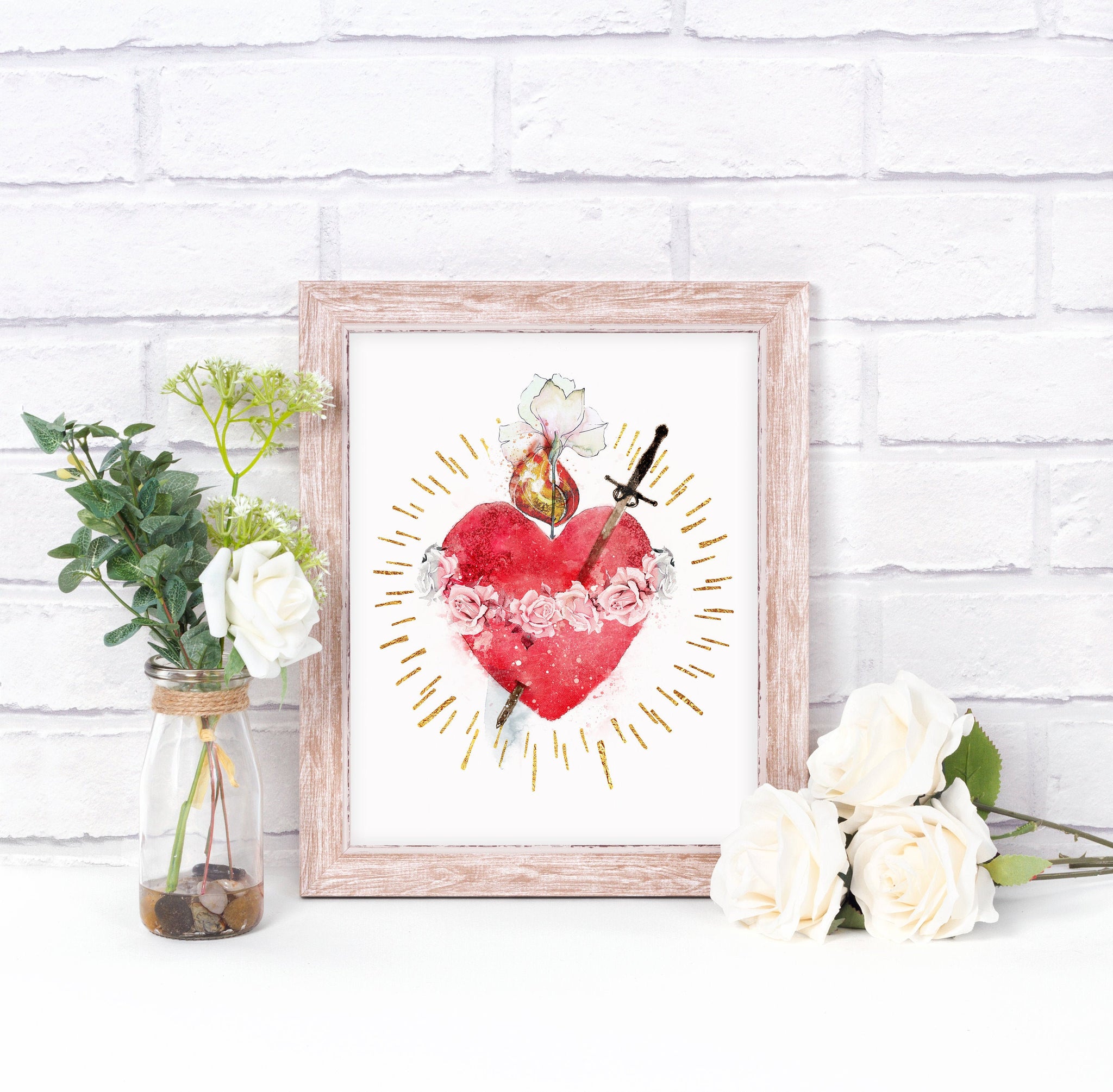 Vintage Sacred Heart art print, The Immaculate Heart of Mary, Bleeding  Sacred Heart painting, Antique Mexican folk art, Retablo, Devotional