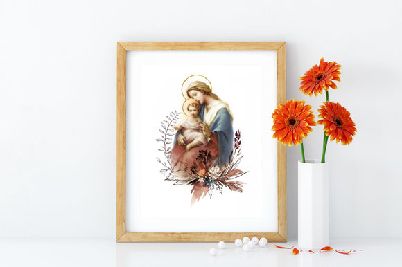 Blessed Virgin Mary with Child Jesus Printable Catholic Illustration Art Image, Marian Devotion Wall Art Print by BenedictaBoutique